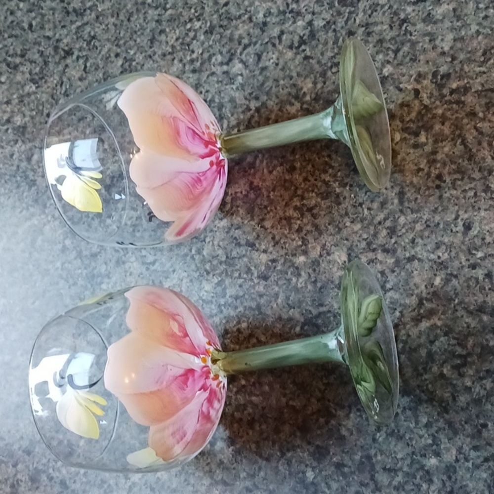 Bar Wine Glass Set of 2 Hand Painted & Signed EC